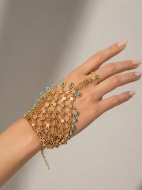 Nasty Gal Gold Lattice Hand Chain Bracelet with Turquoise Stones